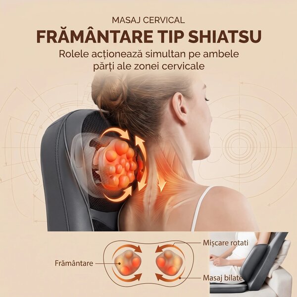 Saltea masaj corp intreg 5-in-1 cu role Shiatsu, vibratii si incalzire