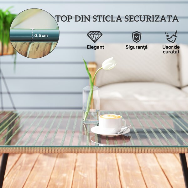 Outsunny Măsuță de Grădină din Ratan PE și Sticlă 110x60x40 cm Lemn Natural | Aosom Romania