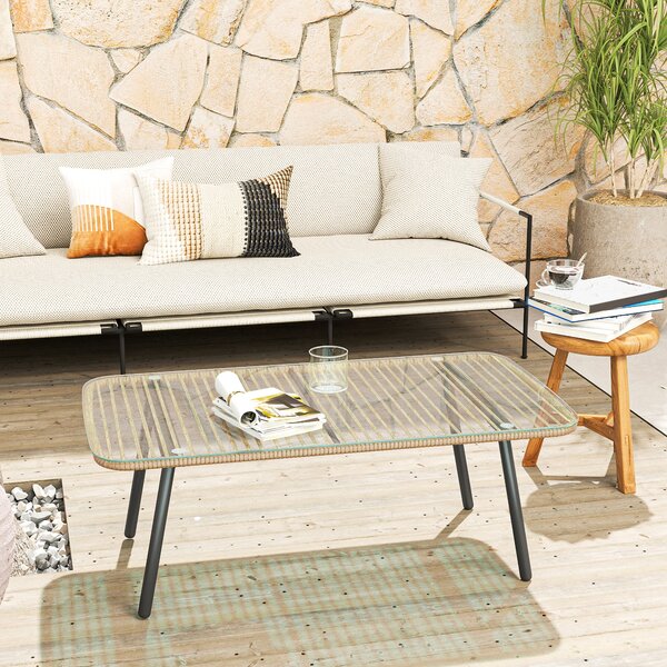 Outsunny Măsuță de Grădină din Ratan PE și Sticlă 110x60x40 cm Lemn Natural | Aosom Romania