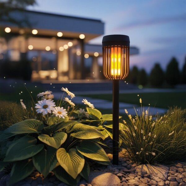 Lampă solară LED FLAME, 1,2 V, 100 mAh, 1800 K, 37 cm, IP44, negru