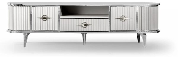 Comoda TV cu riflaje, Alb/Argintiu, 180x40x50cm