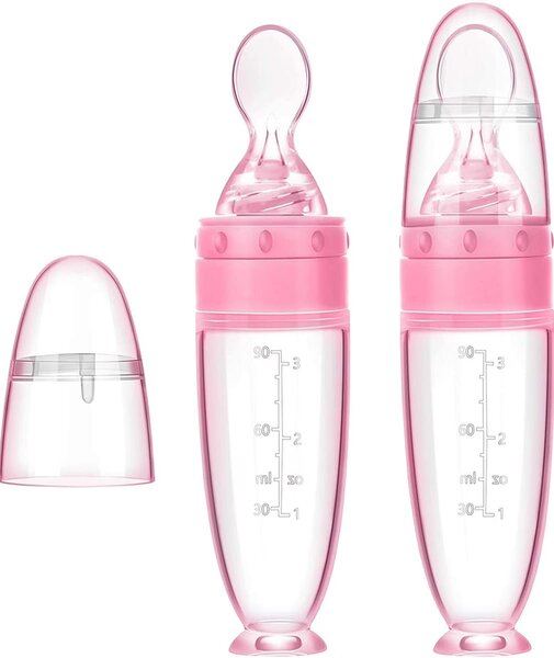 Lingurita din silicon cu rezervor gradat pentru bebelusi, hranire usoara fara BPA, 20,3 cm, roz