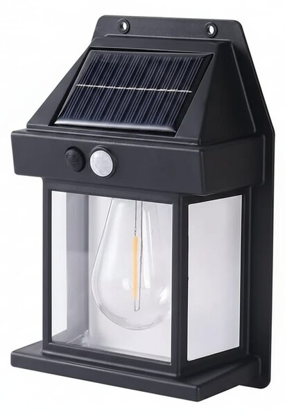 Lampa solara de perete tip felinar, senzor miscare, negru