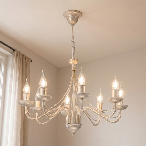 Candelabru suspendat pe lanț ANTON 8xE14/60W/230V, patină albă