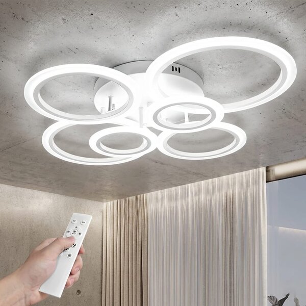 Lustra LED tavan 4+2 cercuri alba, cu telecomanda, echivalent 600W, lustra mare 80cm pentru living
