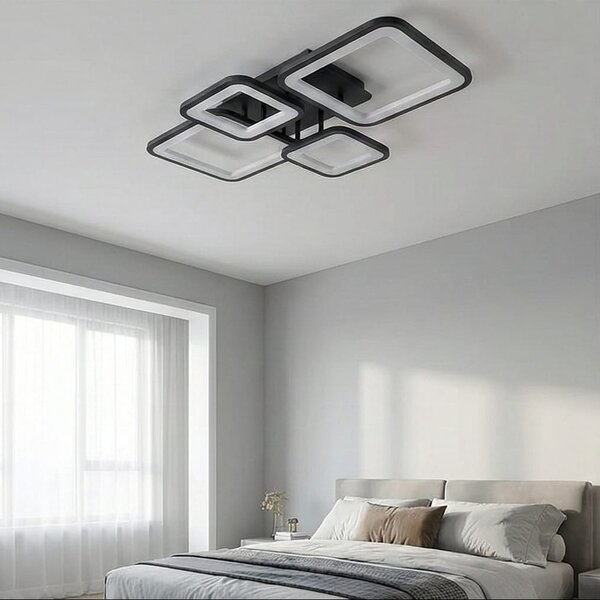 Lustra LED tavan 2+2 patrate neagra, cu telecomanda, echivalent 500W, lustra moderna dormitor