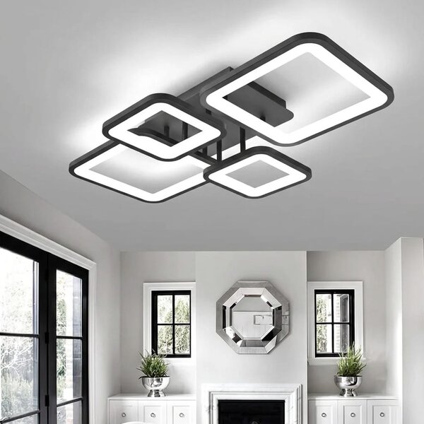 Lustra LED tavan 2+2 patrate neagra, cu telecomanda, echivalent 500W, lustra moderna dormitor