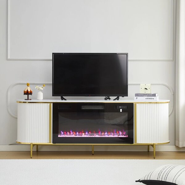Comodă TV cu șemineu electric cu Încălzire, iluminare LED , 12 culori, Telecomandă, 180 cm, MOB190 Alb