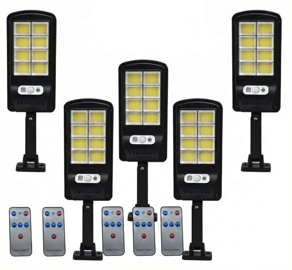 Set 5 Lampi Solare LED COB 160, cu Senzor de Miscare si Telecomanda, Iluminat Exterior, Incarcare Solara