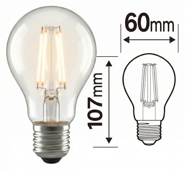 Bec LED Filament A60 E27 8W - Lumina Alb Rece, Stil Vintage