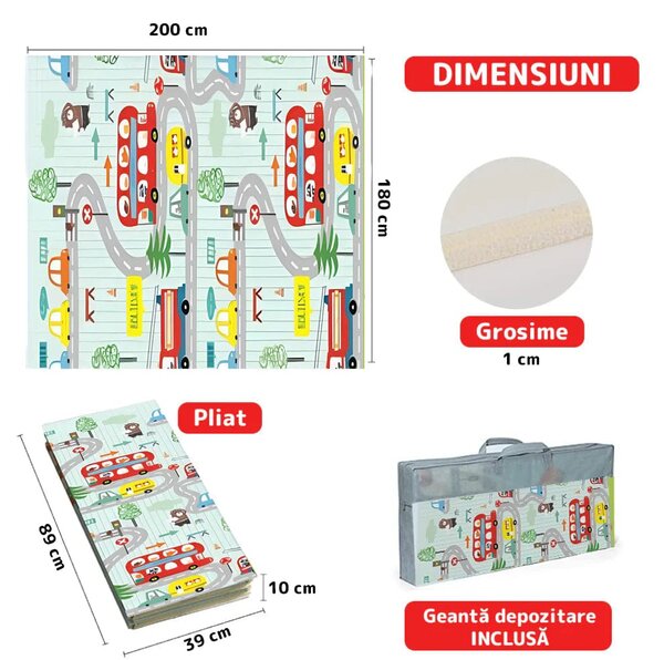 Covoras de Joacă pentru Copii – Termic, Antiderapant, Pliabil, Protectie Împotriva Loviturilor, Model Sosea & Padure, 200x180 cm, Grosime 1 cm, Multicolor