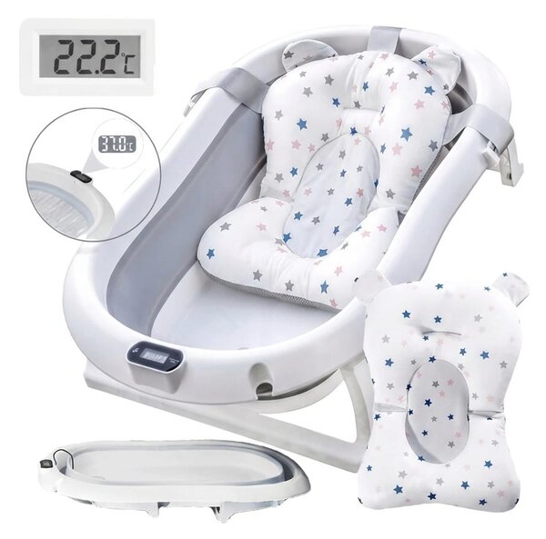Cadita Pliabila Bebe Premium, cu Termometru si Suport Anatomic, 80cm, Standard EN71, Gri