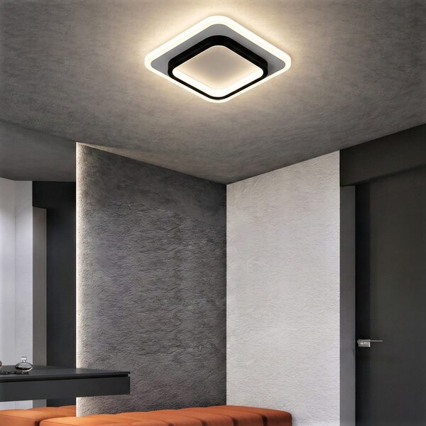 Lustra LED Plafoniera LOKI SQUARE 44W (Echivalent 200W), Design Modern Patrat, Negru+Alb, 24cm