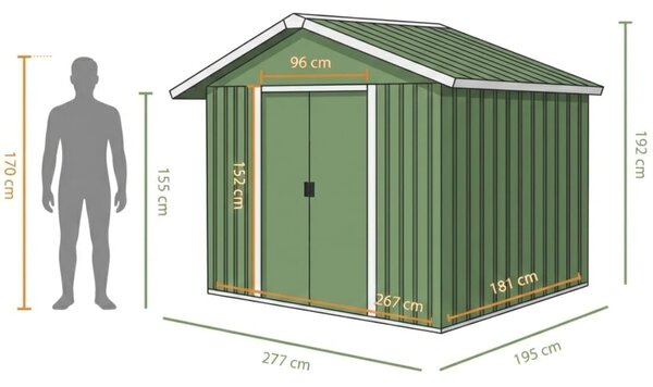 Magazie de Grădină din Oțel Verde, 277x195x192 cm, Uși Glisante, Ventilație, Spațiu Suplimentar