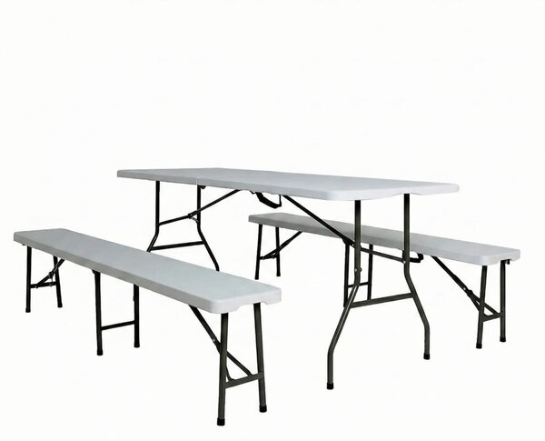 Set masa pliabila 4 persoane din otel cu HDPE + doua banci pliabile pentru gradina, camping