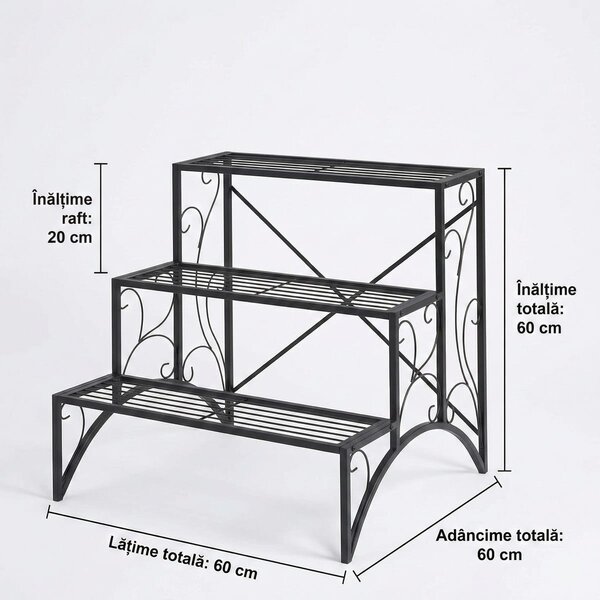 Etajera-suport pentru plante, metal, 60x60x60 cm, 90 kg greutate maximă, interior și exterior