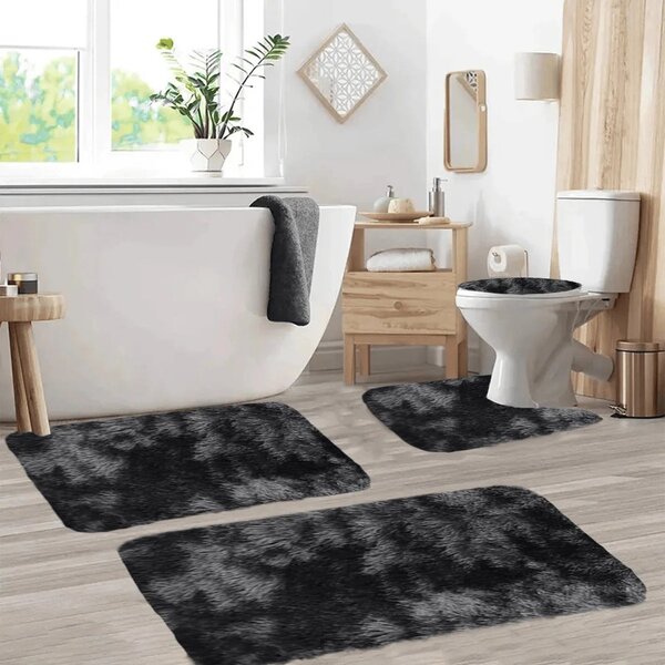 Set 4 Covorașe de Baie Antiderapante, material pufos, Negru