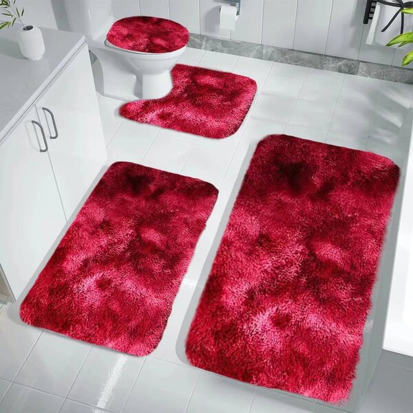 Set 4 Covorașe de Baie Antiderapante, material pufos, Roșu