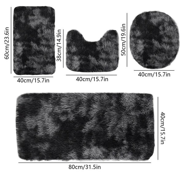 Set 4 Covorașe de Baie Antiderapante, material pufos, Negru