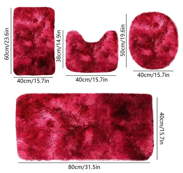 Set 4 Covorașe de Baie Antiderapante, material pufos, Roșu