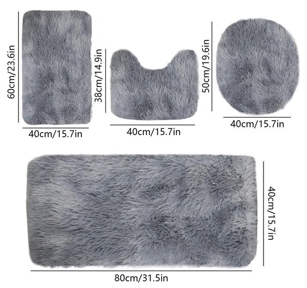Set 4 Covorașe de Baie Antiderapante, material pufos, Gri