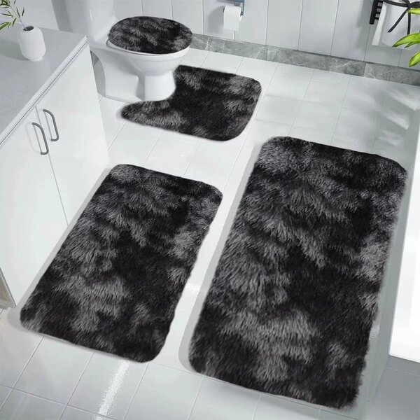 Set 4 Covorașe de Baie Antiderapante, material pufos, Negru