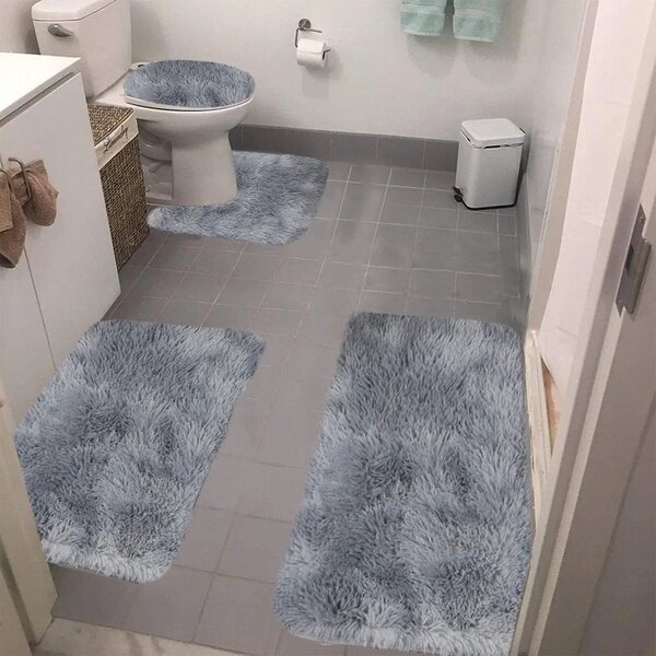 Set 4 Covorașe de Baie Antiderapante, material pufos, Gri