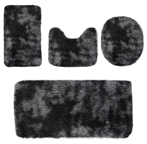 Set 4 Covorașe de Baie Antiderapante, material pufos, Negru