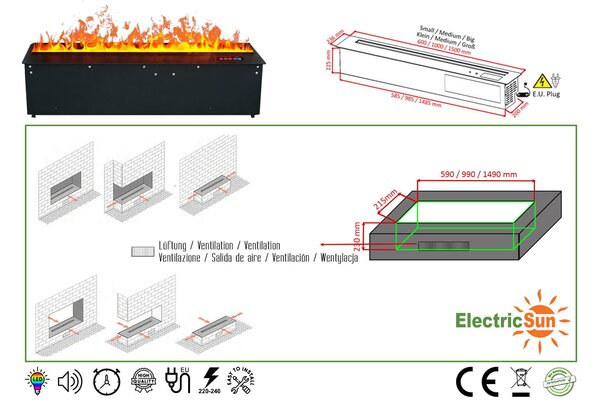 Focar semineu electric 3D cu vapori de apa incorporabil, Led, cu sunet, 8 culori, Wi-Fi cu APP internet, ElectricSun MISTique MARE 150cm