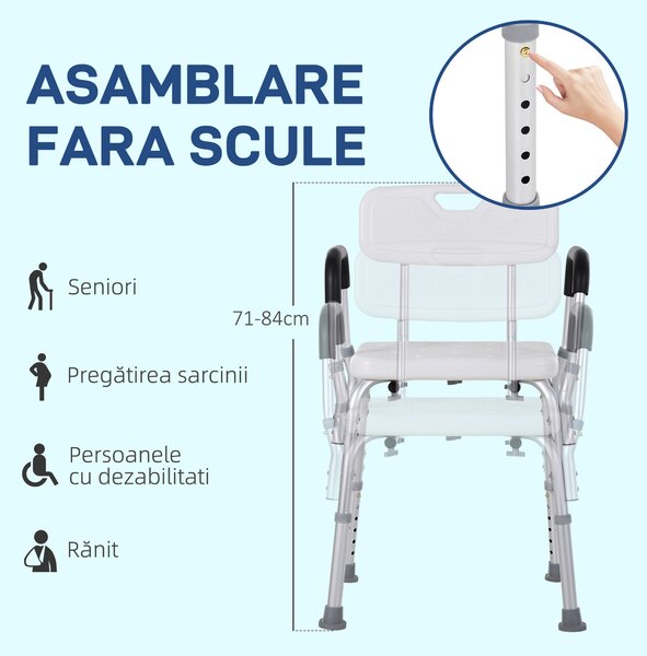 HOMCOM Scaun de Duș cu Spătar, Brațe, Înălțime Reglabilă și Picioare Antiderapante, 51,5x51,5x71-84 cm, Alb | Aosom Romania