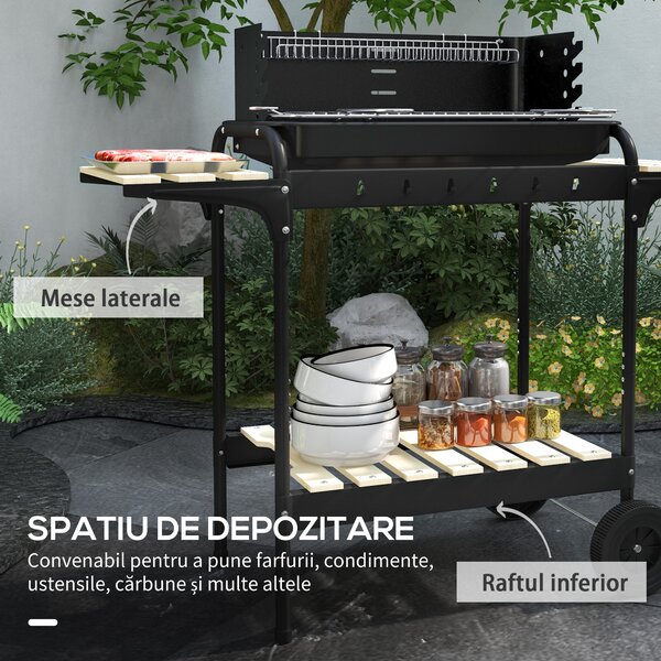 Outsunny Gratar Barbecue cu Carbune cu Inaltime Reglabila a Gratarului, Carucior Portabil pentru Gratar cu Dispozitiv de Colectare a Cenusii si Roti
