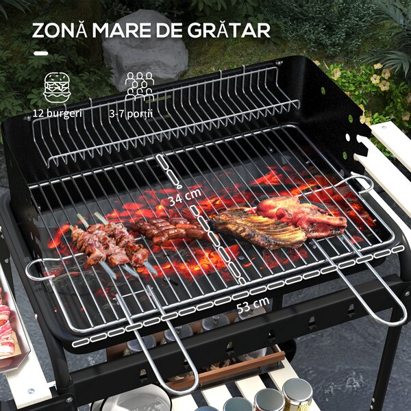 Outsunny Gratar Barbecue cu Carbune cu Inaltime Reglabila a Gratarului, Carucior Portabil pentru Gratar cu Dispozitiv de Colectare a Cenusii si Roti