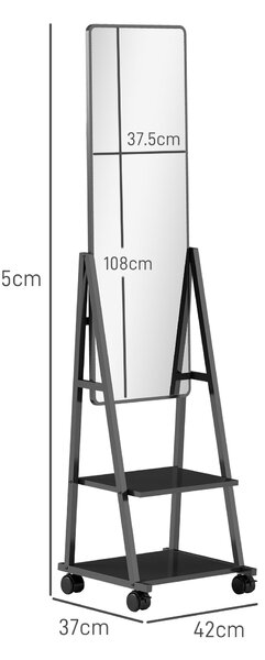 HOMCOM Oglindă Verticală cu 2 Rafturi și 4 Rotile, Oglindă de Podea din Oțel și PAL, 42x37x155 cm, Negru | Aosom Romania