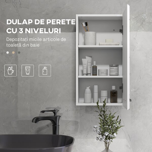Kleankin Dulap de Perete pentru Baie de Depozitare cu Luciu Inalt pentru Deasupra Toaletei cu Usa si Rafturi, Alb | Aosom Romania