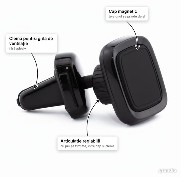 Suport magnetic de telefon pentru grila de ventilație auto, negru