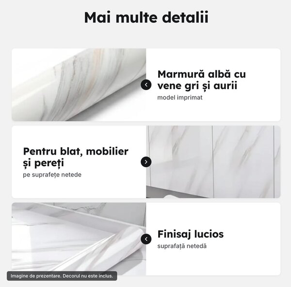 Folie autoadezivă marmură albă cu fir auriu, rolă 60 cm lățime, pentru blat și mobilier