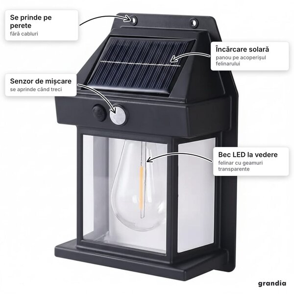 Lampă solară de perete tip felinar, cu senzor de mișcare, neagră