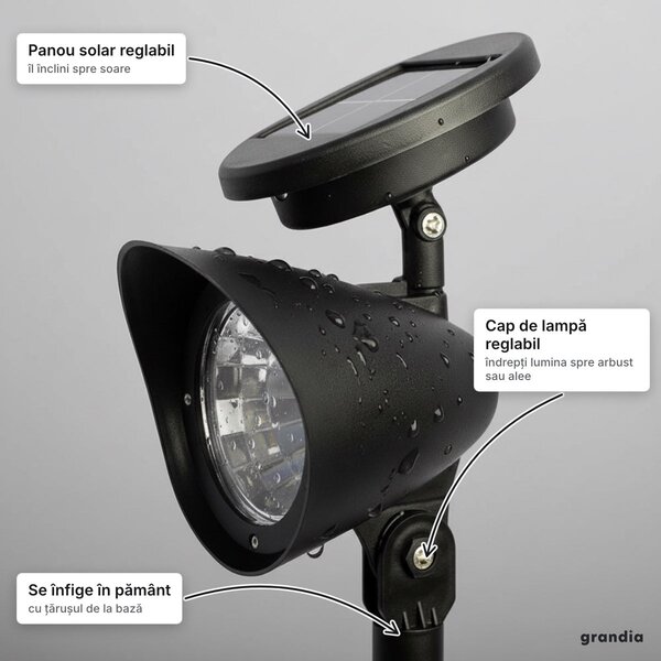 Set 2 lămpi solare LED pentru grădină, cu panou și cap reglabile, pe țăruș