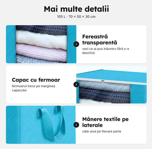 Cutie textilă de depozitare 105 L, cu fermoar și fereastră, 70 × 50 × 30 cm, albastră
