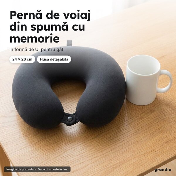 Pernă de voiaj în formă de U, din spumă cu memorie, 24 × 26 cm, neagră