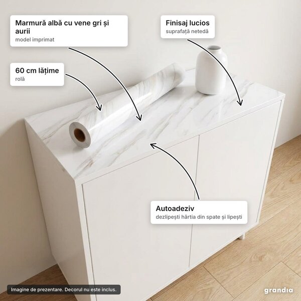Folie autoadezivă marmură albă cu fir auriu, rolă 60 cm lățime, pentru blat și mobilier
