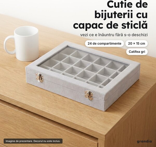 Cutie de bijuterii cu capac de sticlă, 24 de compartimente, 20 × 15 cm, gri