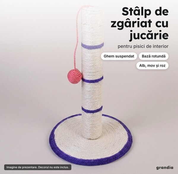 Stâlp de zgâriat pentru pisici, cu bază rotundă și ghem suspendat
