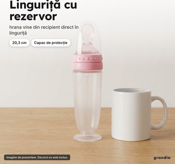 Linguriță din silicon cu rezervor gradat pentru bebeluși, 20,3 cm, roz