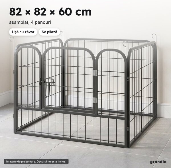 Țarc pliabil pentru căței, 82 × 82 × 60 cm, 4 panouri metalice, ușă cu zăvor, gri