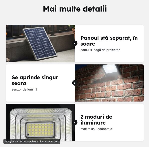 Proiector solar LED cu panou separat, telecomandă și kit de montaj, IP67