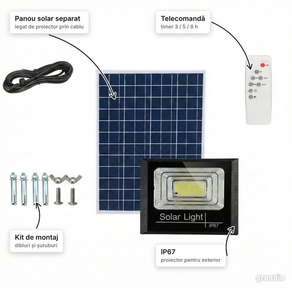Proiector solar LED cu panou separat, telecomandă și kit de montaj, IP67