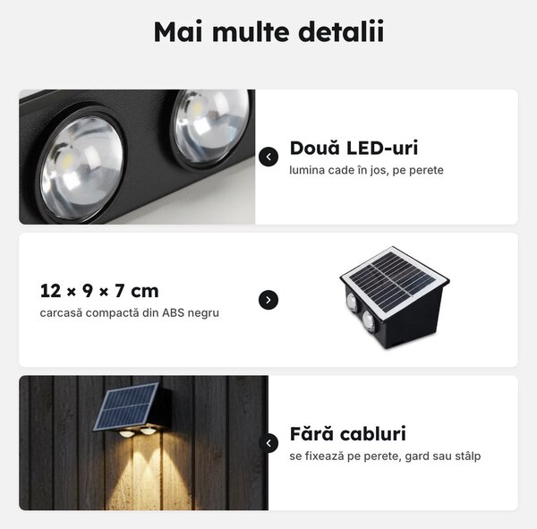 Aplică solară LED neagră cu senzor zi-noapte, IP54, pentru perete, gard și alee