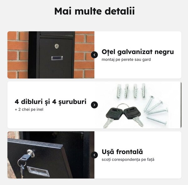 Cutie poștală de exterior din oțel galvanizat negru, 32 × 21,5 cm, cu încuietoare