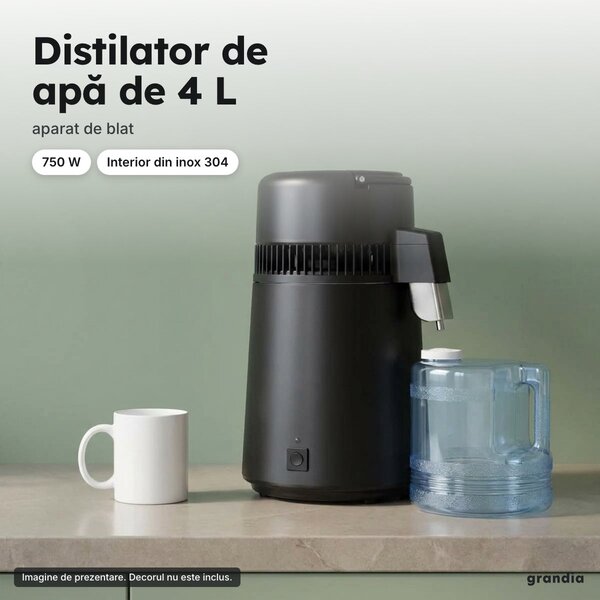 Distilator de apă de 4 L, 750 W, interior din inox 304, negru